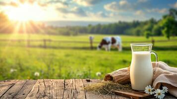 ai généré Lait avec foins sur en bois table et vache pâturage dans Prairie photo