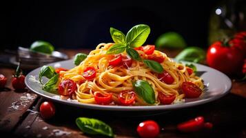 ai généré spaghetti, Pâtes avec tomate sauce, tomates décoré avec persil basilic. portion fantaisie italien nourriture dans une restaurant. photo