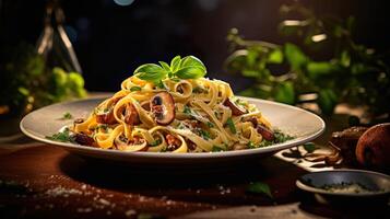 ai généré Pâtes avec champignons, tomates décoré avec persil basilic. portion fantaisie italien cuisine nourriture dans une restaurant. photo
