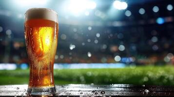 ai généré verre de Bière sur Football stade Contexte photo