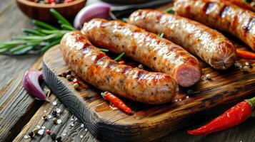 ai généré en bois planche avec savoureux saucisses sur table photo