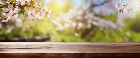 ai généré vide en bois tableau, afficher avec flou épanouissement Cerise branches Contexte. printemps la nature et fleurs thème concept. large bannière avec copie espace pour produit présentation, vitrine. photo