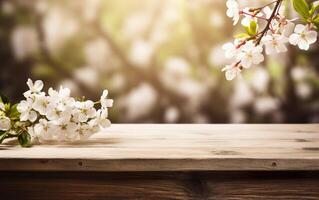 ai généré vide en bois tableau, afficher avec printemps la nature thème Contexte. magnifique épanouissement Cerise branches. copie espace pour produit présentation, vitrine. photo