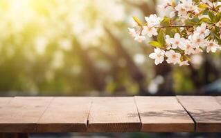 ai généré vide en bois tableau, afficher avec flou épanouissement Cerise branches Contexte. printemps la nature et fleurs thème concept. copie espace pour produit présentation, vitrine. photo