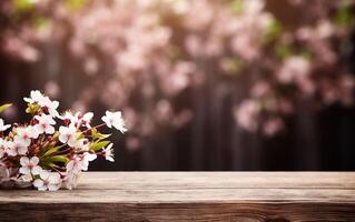 ai généré vide en bois tableau, afficher avec flou épanouissement Cerise branches Contexte. printemps la nature et fleurs thème concept. copie espace pour produit présentation, vitrine. photo