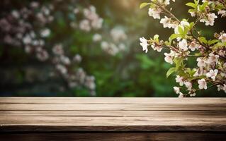 ai généré vide en bois tableau, afficher avec printemps la nature thème Contexte. magnifique épanouissement Cerise branches. copie espace pour produit présentation, vitrine. ai génératif photo