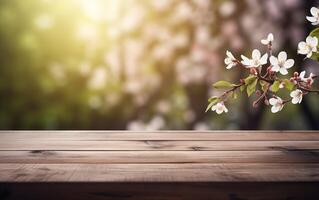 ai généré vide en bois tableau, afficher avec flou épanouissement Cerise branches Contexte. printemps la nature et fleurs thème concept. copie espace pour produit présentation, vitrine. photo