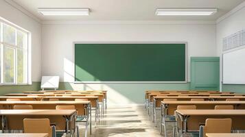 ai généré salle de cours école.intérieur de nettoyer spacieux salle de cours prêt pour Nouveau école an. vide pièce avec blanc des murs, confortable bureaux, chaises, vert tableau noir, tableau blanc. retour à école. photo