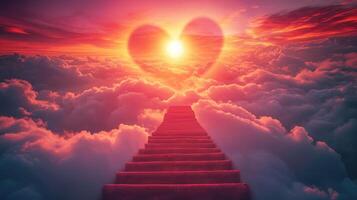 ai généré escalier à paradis.escaliers dans ciel. concept avec Soleil et des nuages. religion Contexte. rouge cœur en forme de ciel à le coucher du soleil. l'amour Contexte avec copie espace. photo