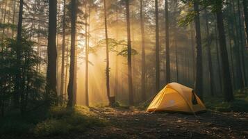ai généré tourisme concept. Aube dans une brumeux forêt avec une solitaire tente. homme vies dans le forêt photo