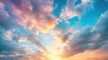 ai généré réel incroyable panoramique lever du soleil ou le coucher du soleil ciel avec doux coloré des nuages. longue panorama photo