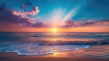 ai généré coloré océan plage lever du soleil avec Profond bleu ciel et Soleil des rayons. photo