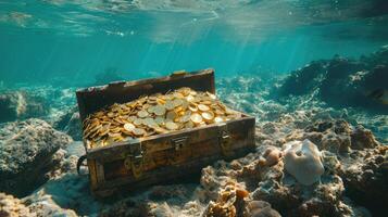 ai généré cercueil contenant or bars et pièces de monnaie à le bas de le mer photo