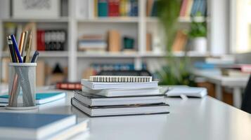 ai généré tondu coup de blanc table avec livres, papeterie et copie espace dans flou étude pièce photo