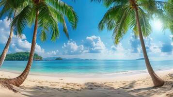 ai généré panorama de tropical plage avec noix de coco paume des arbres photo