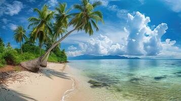 ai généré panorama de tropical plage avec noix de coco paume des arbres photo