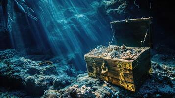 ai généré ouvert Trésor poitrine creux à le bas de le mer haute contraste image photo