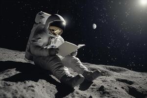 ai généré lunaire l'alphabétisation astronaute absorbé dans en train de lire sur le tranquille lune photo