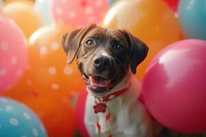 ai généré fête chiot chien est assis au milieu de vibrant des ballons et de fête décor photo