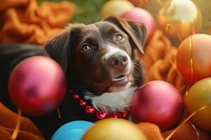 ai généré de fête velu ami chien jouit festivités parmi coloré décorations photo