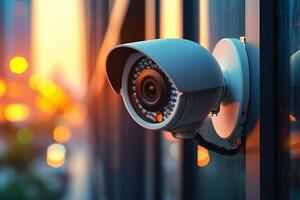 ai généré surveillance installer vidéosurveillance Sécurité caméra positionné par fenêtre, Contexte flou photo