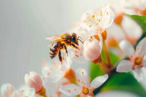 ai généré floral interaction mon chéri abeille gracieusement terres sur magnifique fleur pétale photo