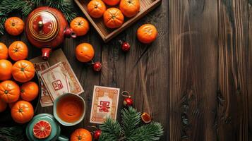 ai généré en bois café table avec traditionnel thé ensemble, salutation cartes et Frais mandarines dans vivant chambre, Haut voir. chinois Nouveau année fête photo