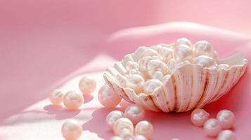 ai généré magnifique coquillage plein de brillant perles sur rose Contexte. concept de valeur de mer coquille perle et fortune. symbole de riches la vie photo