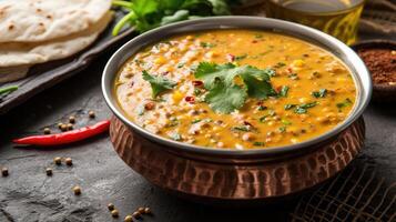 ai généré dal tadka est une populaire Indien plat où cuit épicé Lentilles sont fini avec une trempe fabriqué de ghee ou pétrole et épices photo