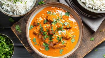 ai généré poulet filet dans une épicé noix de coco sauce fermer sur une tableau. horizontal photo