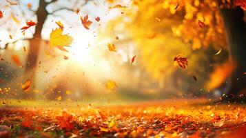 ai généré magnifique l'automne paysage avec Jaune des arbres et Soleil. coloré feuillage dans le parc. chute feuilles Naturel Contexte photo
