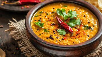 ai généré dal tadka est une populaire Indien plat où cuit épicé Lentilles sont fini avec une trempe fabriqué de ghee ou pétrole et épices photo