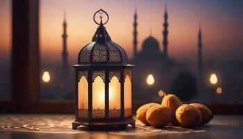 ai généré ornemental et d'or arabe lanterne avec lune embrasé nuit et étincelant d'or bokeh lumières photo