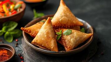 ai généré samosa épicé smosa iftaari plat Indien Ramadan nourriture, pakistanais iftar repas. photo