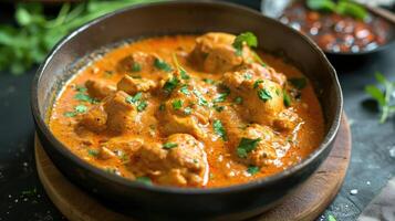 ai généré poulet filet dans une épicé noix de coco sauce fermer sur une tableau. horizontal photo