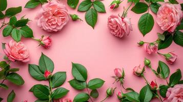 ai généré Rose fleurs avec vert feuilles sur rose Contexte photo