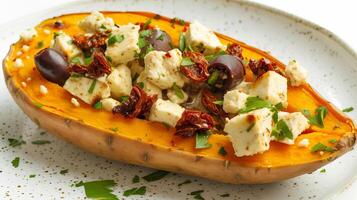 ai généré cuit au four sucré Patate farci avec feta fromage, Olives et séchées au soleil tomates sur une blanc plaque. ai généré. photo