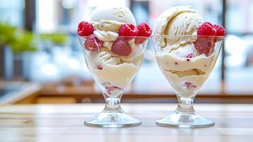 ai généré deux portions de végétalien la glace crème avec framboises dans lunettes. ai généré. photo