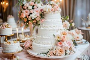ai généré une grand magnifique mariage gâteau couvert dans fouetté crème et décoré avec délicat fleurs. ai généré. photo