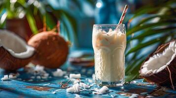 ai généré verre avec noix de coco Lait sur une bleu Contexte. ai généré. photo