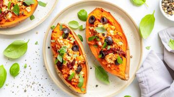 ai généré cuit au four sucré Patate farci avec feta fromage, Olives et séchées au soleil tomates sur une blanc plaque. ai généré. photo