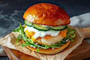 ai généré fishburger dans une brioche chignon avec fromage, Frais concombre, tartre sauce. ai généré. photo