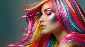 ai généré magnifique femme avec multicolore cheveux et Créatif faire en haut et coiffure. beauté affronter. photo