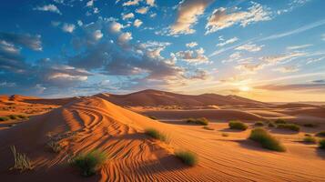 ai généré printemps le coucher du soleil à le portes , avec le le sable dunes illuminé photo