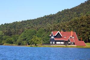 maison sur le rive de lac. réfléchi sur l'eau. pays côté, forêt, ferme champ, Lac avec maison. bolu, dinde photo