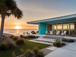 ai généré blanc et turquoise milieu siècle moderne style plage maison, intérieur, le coucher du soleil photo