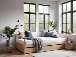 ai généré explorer le charme de une scandinave inspiré lit de repos installer par le fenêtre, combiner minimaliste conception et Naturel lumière. photo