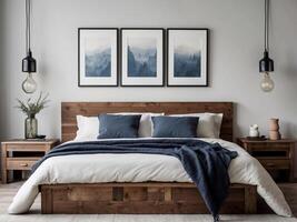 ai généré rustique en bois lit avec bleu oreillers et deux chevet armoires avec affiches cadres. ferme intérieur conception de moderne chambre à coucher. photo