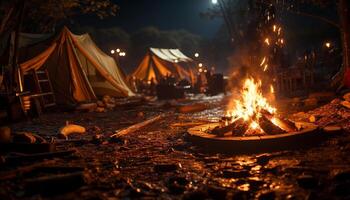 ai généré embrasé feu de camp s'enflamme aventure dans le foncé nuit généré par ai photo