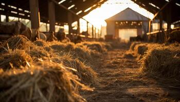 ai généré rural scène avec meules de foin et bétail dans le coucher du soleil généré par ai photo